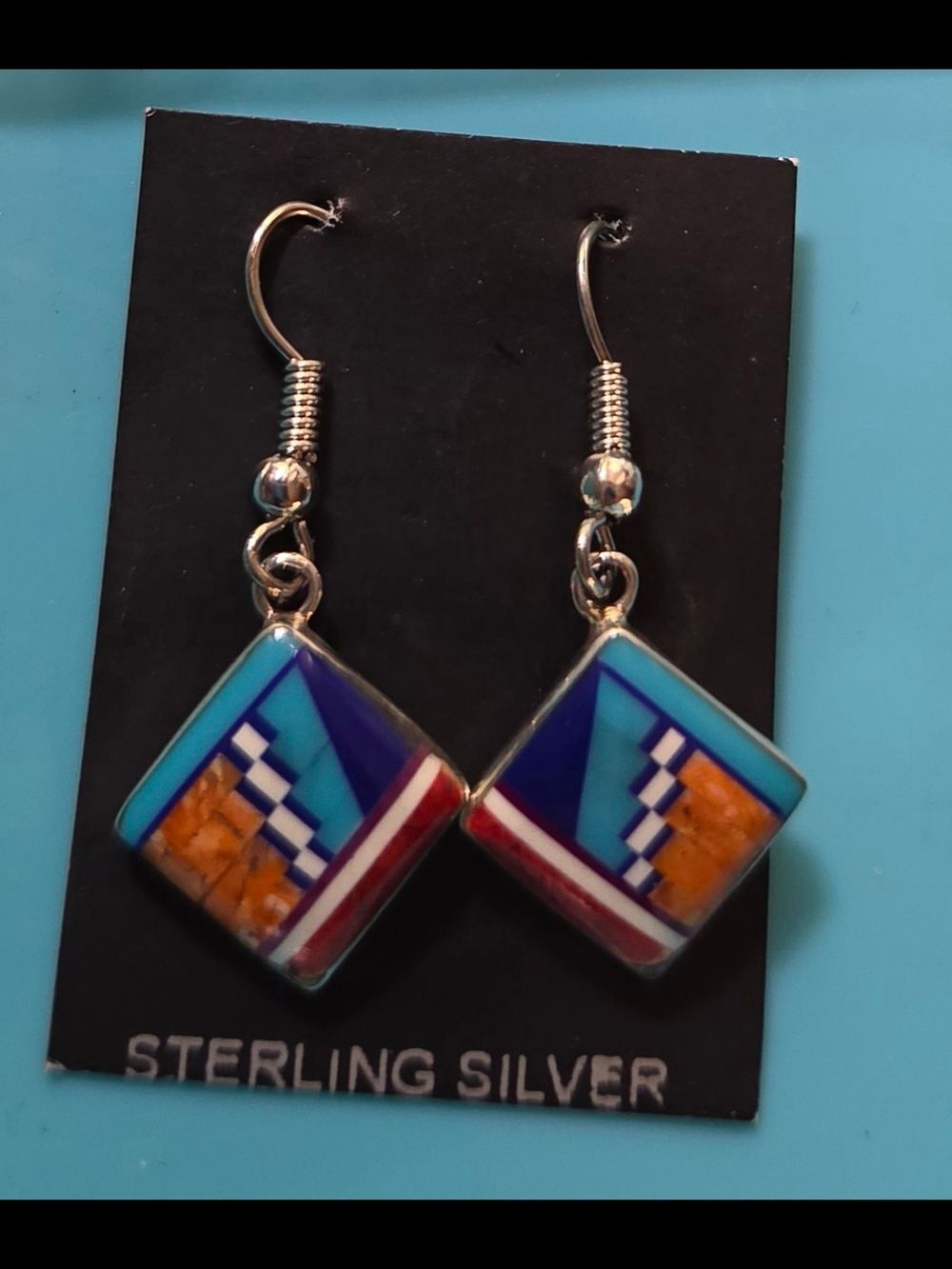 Signed DD Sterling Turquoise Lapis Spiny Oyster Inlay Square Dangle Earrings